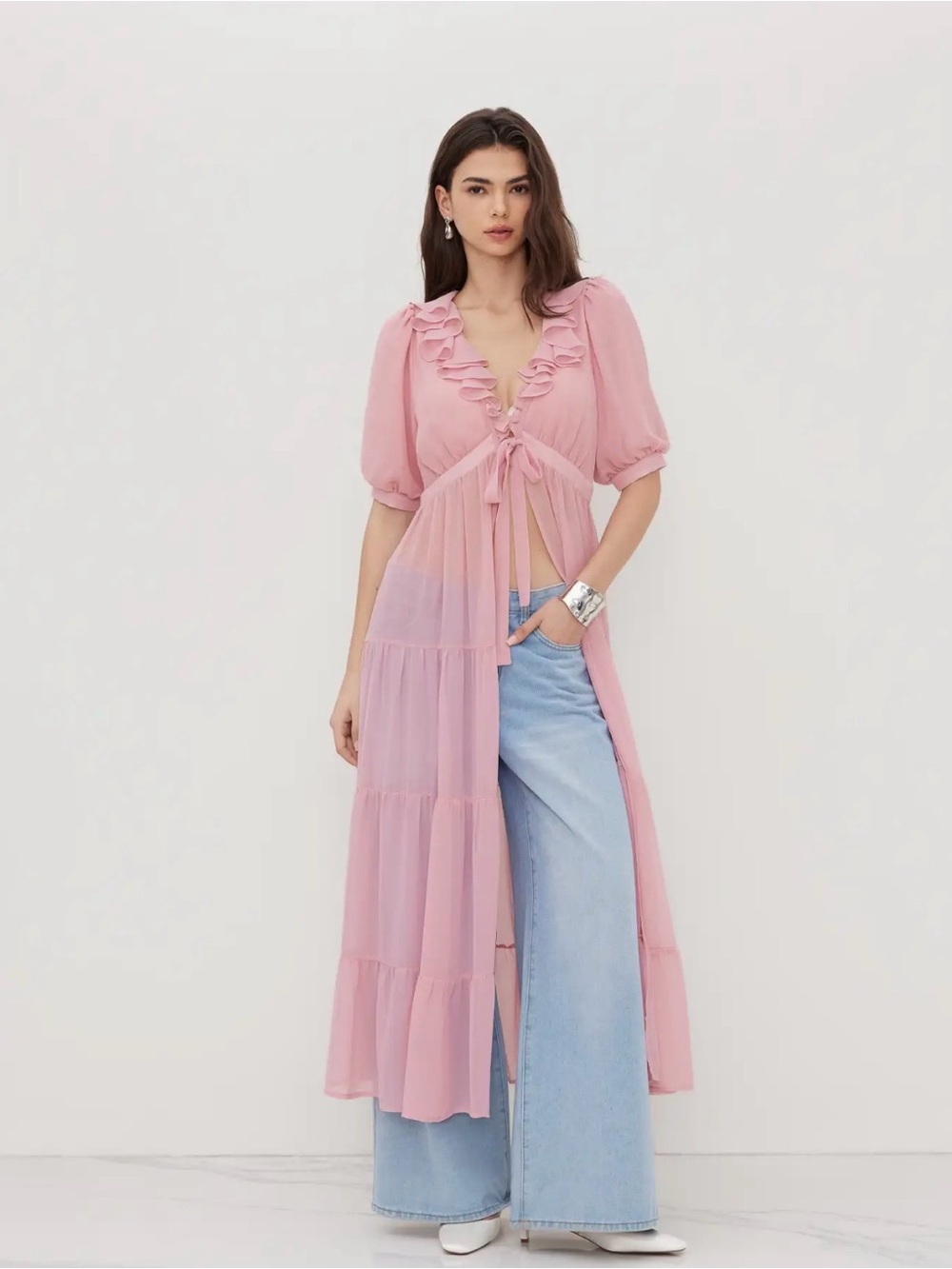 CIDER Sheer Pink Ruffle Tie-Front Duster